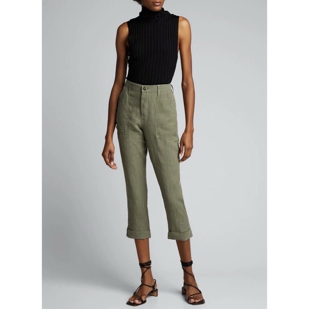 FRAME Le Beau Cropped Linen Military Pants Women Size M Green LWWB0560